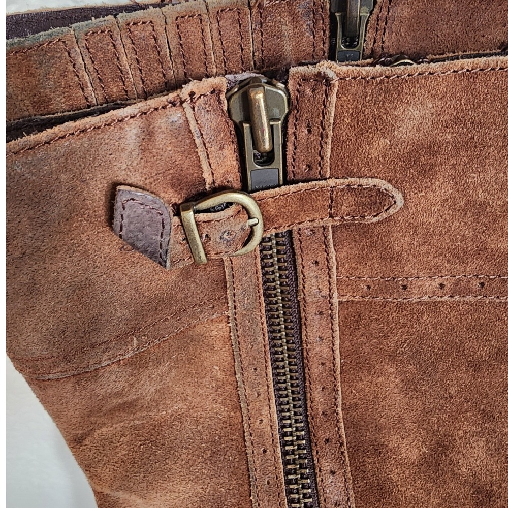 Born Poly Brown Suede Knee High Riding Boots Plaid Lining. Festival Gritty Boho - Picture 4 of 14